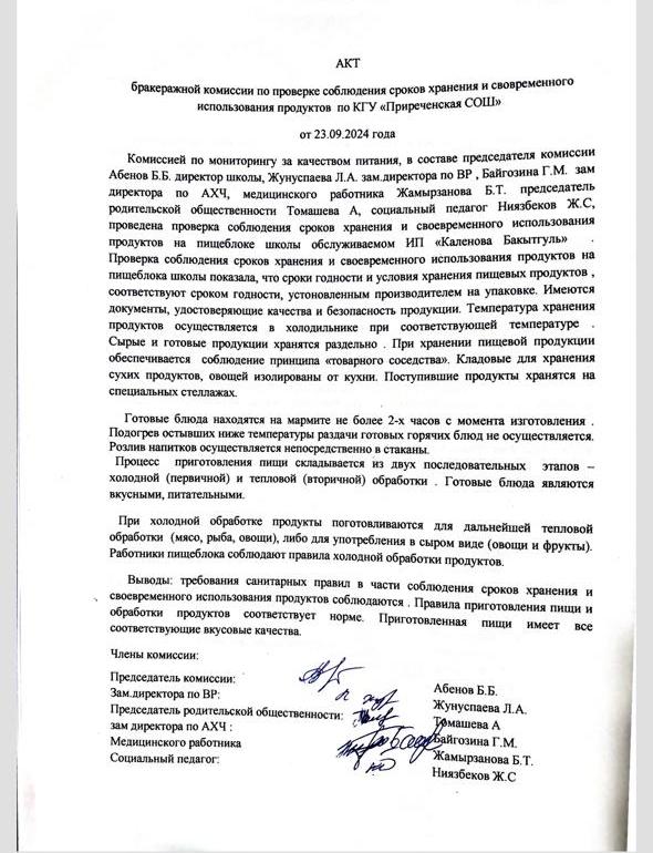 Акт бракеражной комиссии