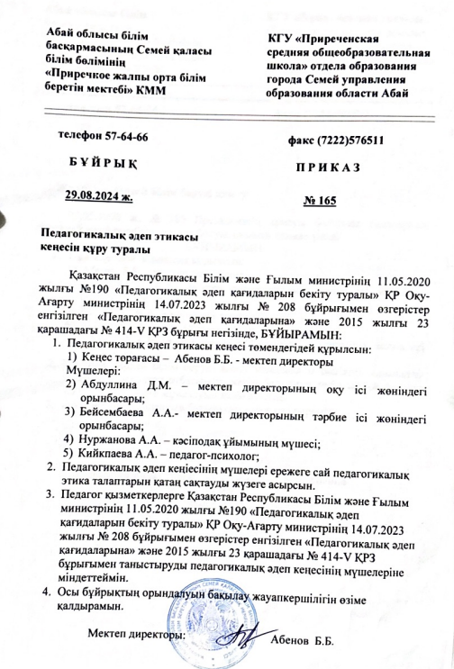 Педагогикалық әдеп жөніндегі кеңес отырысының хаттамасы